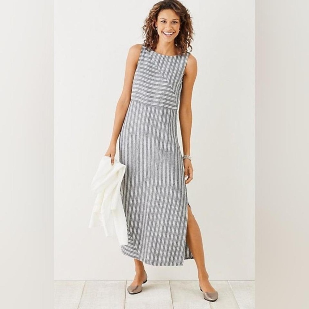 JJill Love Linen Striped Maxi Dress Midi Length Sleeveless Gray White M
